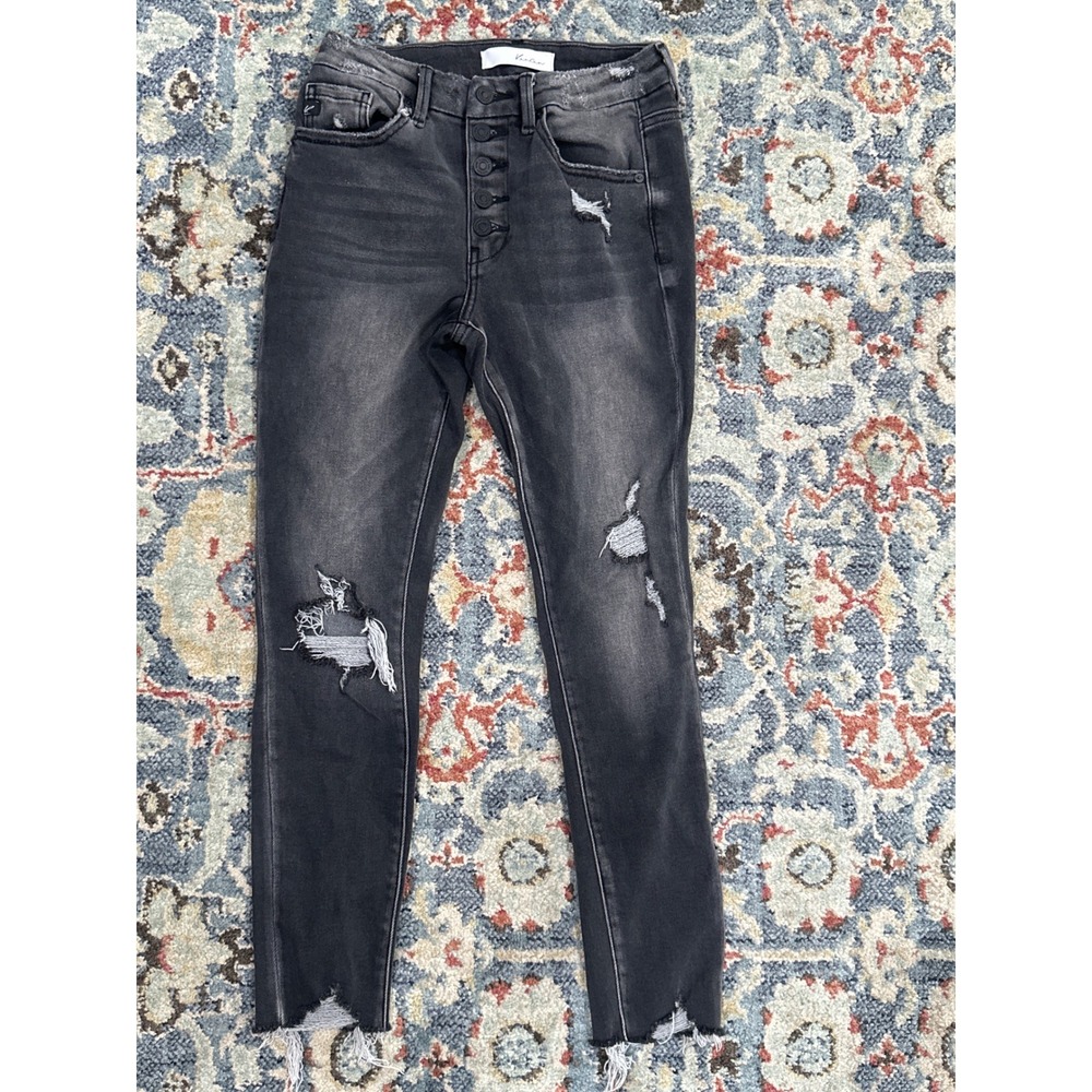 Kancan Skinny Jeans Women 3/25 Black Distressed Button Fly‎ Raw Hem